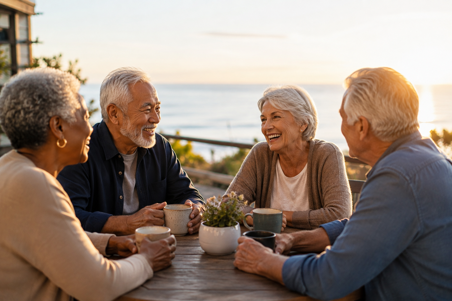 4 adults sitting at a table by the ocean